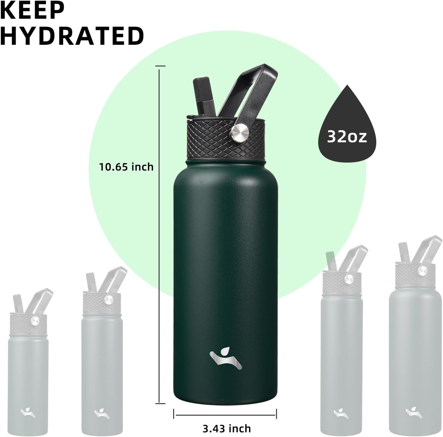 Konokyo 22oz Stainless Steel Bottles with 3 Lids Sport Insulated Water Bottle,Mint