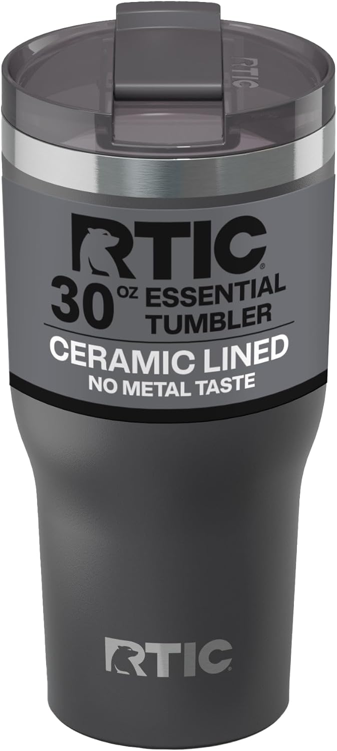 RTIC 20oz Essential Tumbler with Lid, Ceramic Lined, Insulated, Stainless Steel, Metal, Double Wall Vacuum-Insulation, Travel Cup for Iced Coffee, Tea, Hot and Cold Drink, Graphite