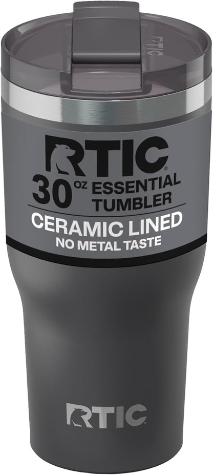 RTIC 20oz Essential Tumbler with Lid, Ceramic Lined, Insulated, Stainless Steel, Metal, Double Wall Vacuum-Insulation, Travel Cup for Iced Coffee, Tea, Hot and Cold Drink, Graphite
