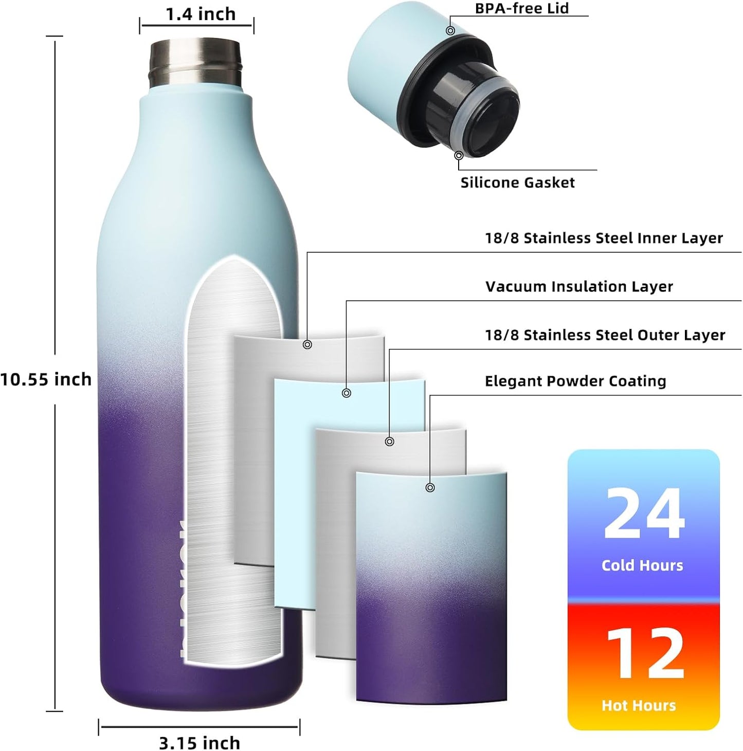 BJPKPK Insulated Water Bottles, 18 oz Stainless Steel Metal Water Bottle with Strap, BPA Free Leak Proof Jugs, Mugs, Flasks, Reusable Thermal Flasks for Sports & Travel, Black - Colors B
