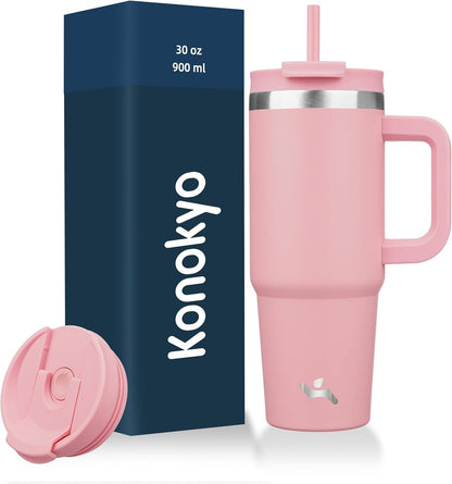 Konokyo 30 oz Tumbler with Handle and 2 Straws,2 in 1 Lid Insulated Water Bottle Stainless Steel Travel Coffee Mug,Sky