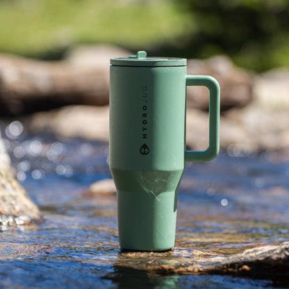 HydroJug Traveler - 40 oz Water Bottle with Handle & Flip Straw - Fits in Cup Holder, Leak Resistant Tumbler-Reusable Insulated Stainless Steel & Rubber Base - Gifts for Women & Men, Light Blue