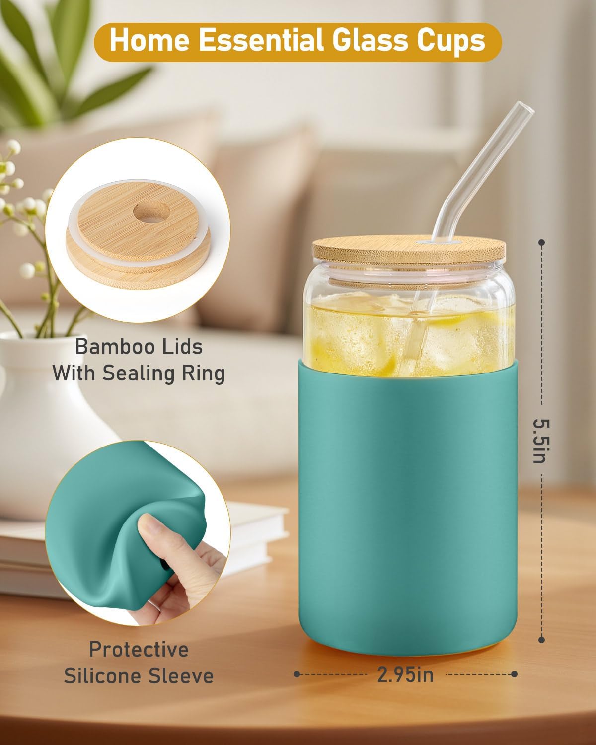 sungwoo 4PCS Glass Cups with Bamboo Lids and Straws, 16OZ Ice Coffee Cup, Drinking Cup set with Wooden Lids, Home Essential Glass Tumblers for Beer, Cocktail, Tea and Latte Clear