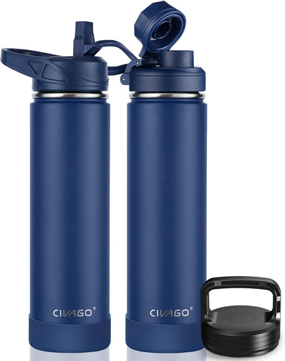 CIVAGO 32 oz Insulated Water Bottle With Straw, Stainless Steel Sports Water Cup Flask with 3 Lids (Straw, Spout and Handle Lid), Wide Mouth Travel Thermal Mug, Black