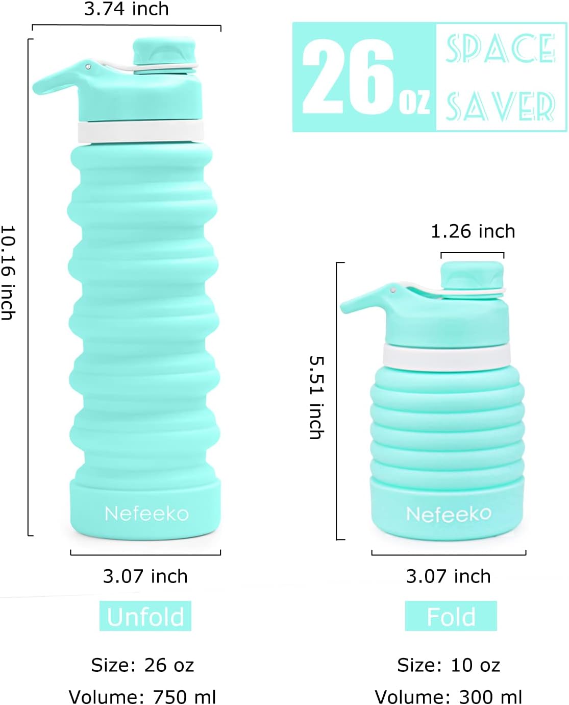 Nefeeko Collapsible Water Bottle, 26oz Silicone Foldable Water Bottles Leakproof BPA Free Travel Water Bottles with Carabiner, Portable Sport Water Bottles for Camping,Hiking Outdoor Indoor Sport