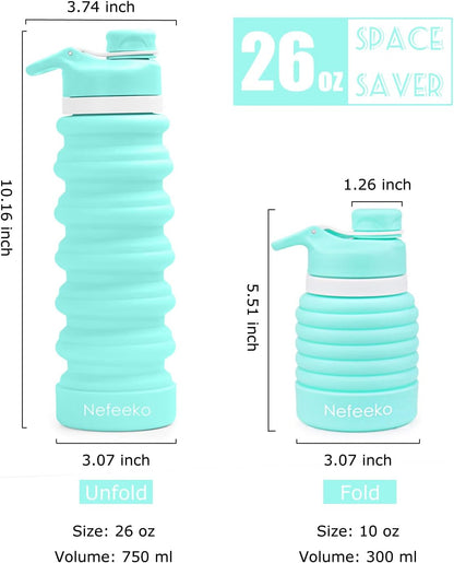Nefeeko Collapsible Water Bottle, 26oz Silicone Foldable Water Bottles Leakproof BPA Free Travel Water Bottles with Carabiner, Portable Sport Water Bottles for Camping,Hiking Outdoor Indoor Sport