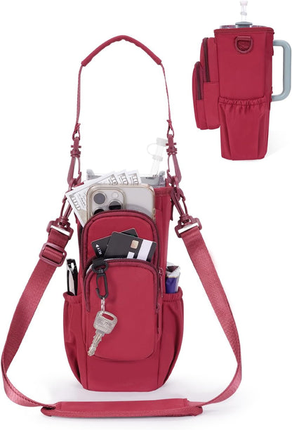 sportsnew Water Bottle Carrier Bag with Phone Pocket for 30oz 40oz Tumbler with Handle Accessories Insulated Water Bottle Holder Pouch with Strap Crossbody with Straw Cover