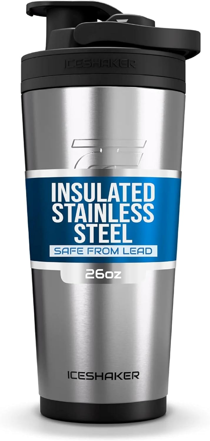 Ice Shaker Insulated Stainless Steel Shaker Bottle | 26oz, Black | Cold for 30+ Hours | Insulated Cup with Twist-on Agitator | Odor-Free Bottle for Protein Shakes, Water, Smoothies, Cocktails