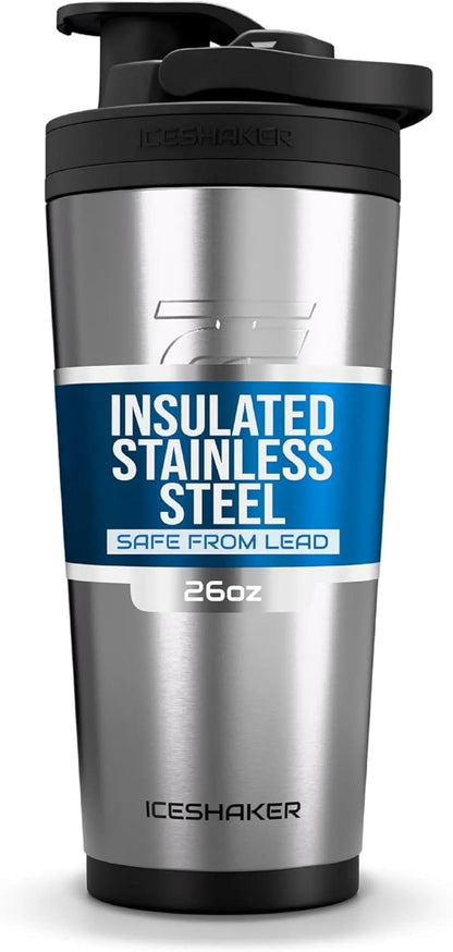 Ice Shaker Insulated Stainless Steel Shaker Bottle | 26oz, Black | Cold for 30+ Hours | Insulated Cup with Twist-on Agitator | Odor-Free Bottle for Protein Shakes, Water, Smoothies, Cocktails