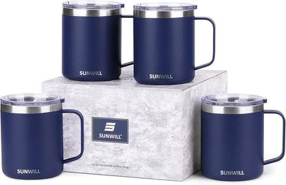 SUNWILL Travel Coffee Mug with Lid, Insulated Tumbler with Handle, 14 oz Stainless Steel Cup for Ice, Water, Tea, Rose Gold