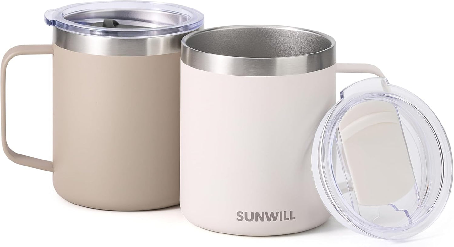 SUNWILL Travel Coffee Mug with Lid, Insulated Tumbler with Handle, 14 oz Stainless Steel Cup for Ice, Water, Tea, Rose Gold