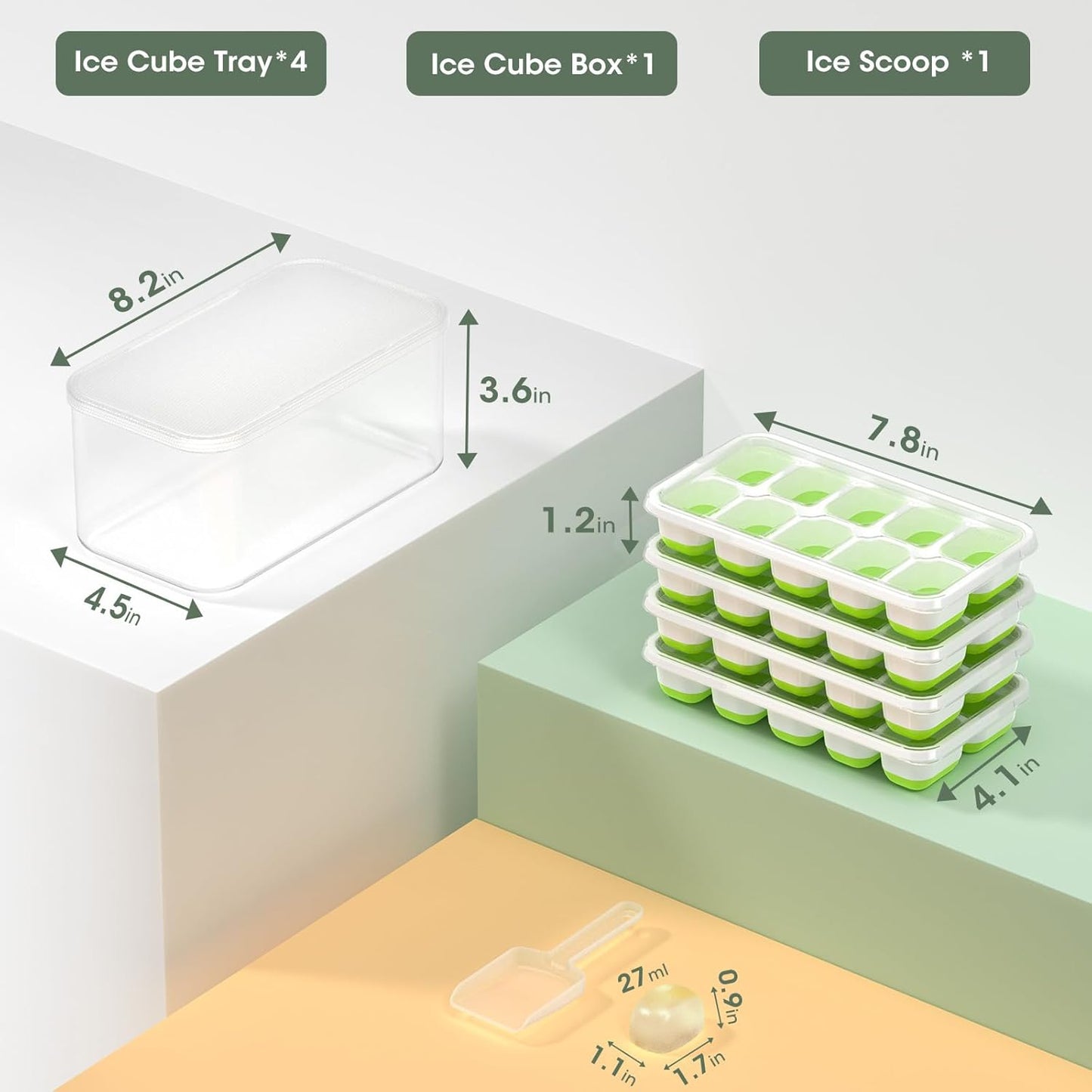DOQAUS Ice Cube Tray with Lid and Bin - 4 Pack Silicone Ice Cube Trays for Freezer, Stackable Ice Bucket Kits with Storage Container & Scoop for Kitchen, RV, Cocktail, Coffee