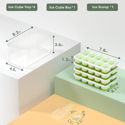DOQAUS Ice Cube Tray with Lid and Bin - 4 Pack Silicone Ice Cube Trays for Freezer, Stackable Ice Bucket Kits with Storage Container & Scoop for Kitchen, RV, Cocktail, Coffee
