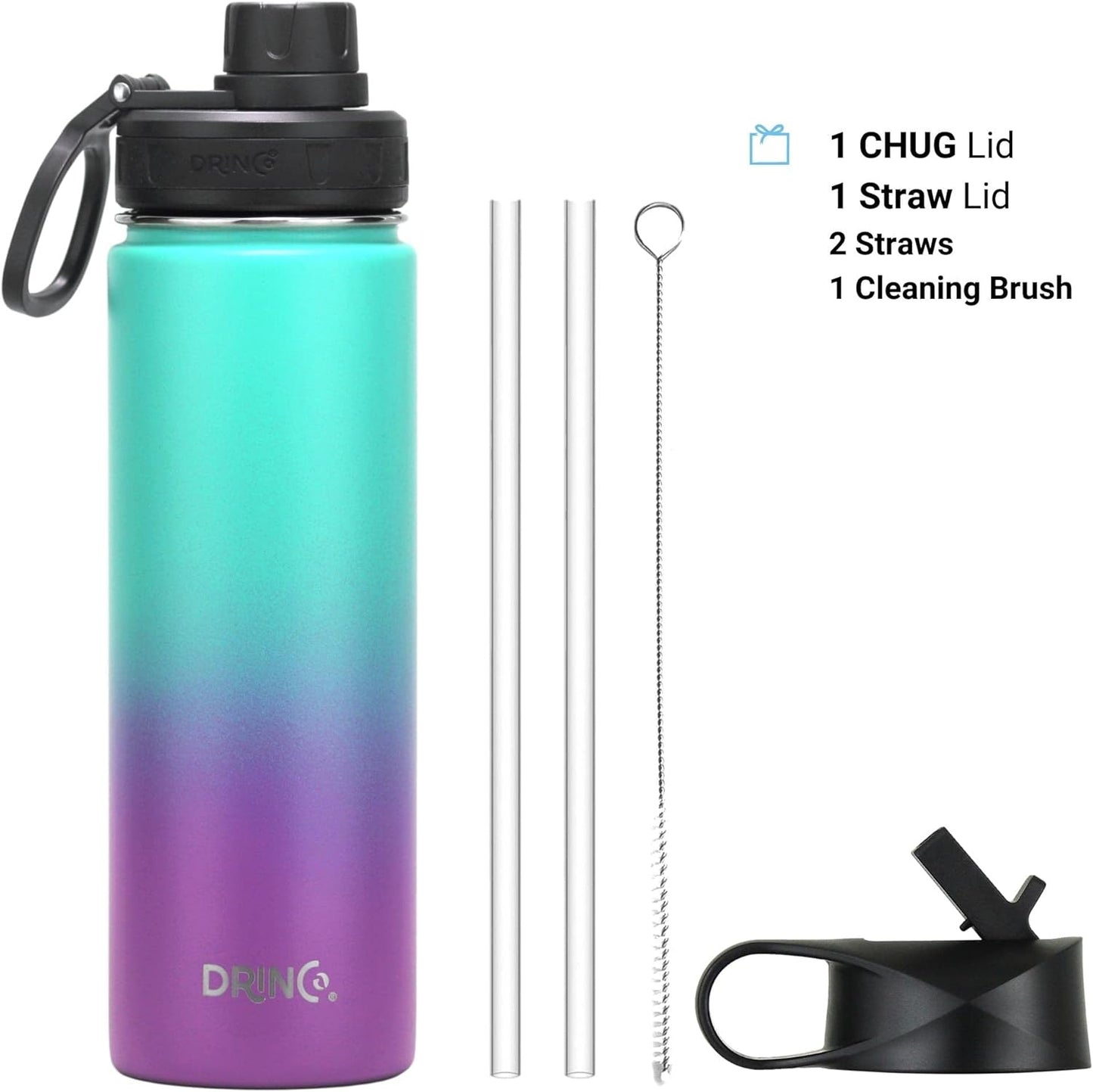 Drinco Stainless Steel Water Bottle Spout Lid Vacuum Insulated Double Wall Water Bottle Wide Mouth (40oz 32oz 22oz 18oz 14oz) Leak Proof Keep Cold Sport Camping Hiking (22 oz, 22oz Black)