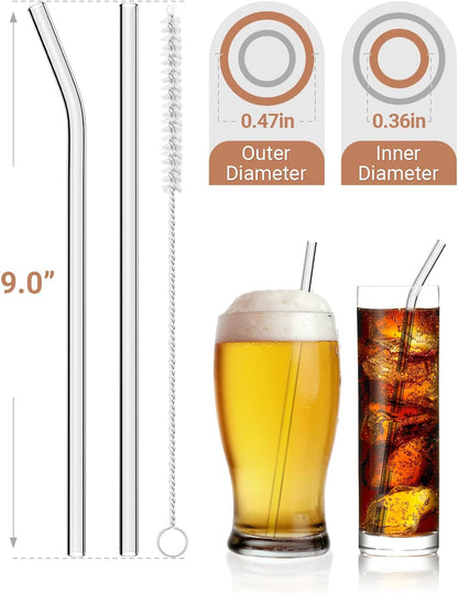Foogwee® 20 Packs Reusable Glass Straws Set, 8.5'' x 10mm Clear Drinking Straws for Smoothies, Shakes, Coffee, Juice, Sodas, Milk, Tea, Cocktails, Set of 8 Straight and 8 Bent with 4 Cleaning Brushes