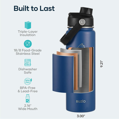 BUZIO 40oz Insulated Water Bottle, Triple Wall Vacuum Stainless Steel Water Flask with 2 lids, Lead-Free BPA-Free Straw Lid Sports Canteen Jug, Cold 48H & Hot 24H- Black - Colors B