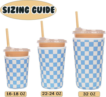 Reusable Insulated Neoprene Iced Coffee Cup Sleeve, Durable Drink Sleeve for Cold Beverages, Beverage Holder for Iced Coffee, Floral Checkers