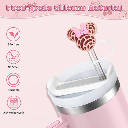 6PCS Straw Covers for Stanley Cup Tumbler 30 oz / 40 oz Leak Proof Straw Toppers 10mm Silicone Cute Straw Stopper Caps for Stanley Cup Accessories-Pink Mice