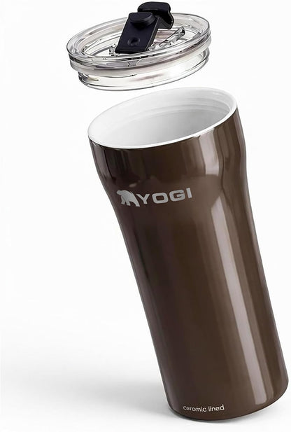 YOGI Ceramic Lined Metal Allergy Safe 16oz Coffee Tumbler with Leakproof Lid BPA Free Vacuum Insulated Stainless Steel Cupholder Friendly Travel Cup for Coffee and Water Sandstone