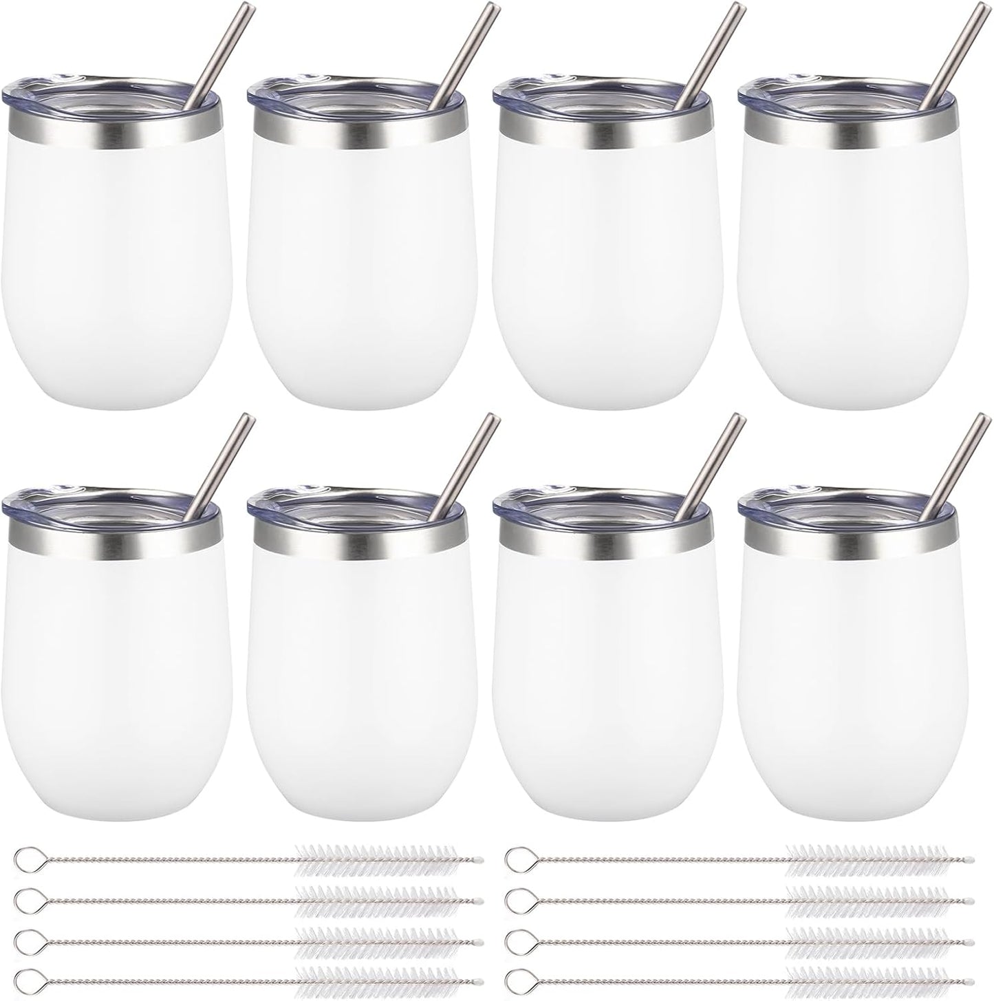 12 oz Insulated Wine Tumbler with Lid and Straw,Stainless Steel Stemless Wine Tumbler Glasses Double Wall Vacuum Wine Cups Tumbler for Coffee,Champaign,Cocktail,Office（Silver,1）