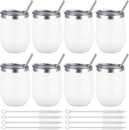 12 oz Insulated Wine Tumbler with Lid and Straw,Stainless Steel Stemless Wine Tumbler Glasses Double Wall Vacuum Wine Cups Tumbler for Coffee,Champaign,Cocktail,Office（Silver,1）