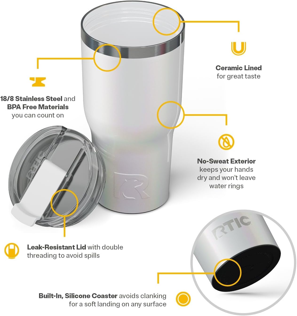 RTIC 20oz Essential Tumbler with Lid, Ceramic Lined, Insulated, Stainless Steel, Metal, Double Wall Vacuum-Insulation, Travel Cup for Iced Coffee, Tea, Hot and Cold Drink, Graphite
