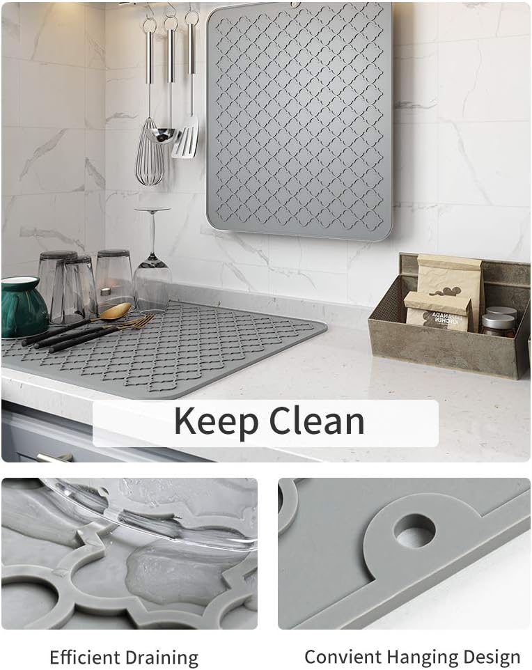 AMOAMI-Dish Drying Mats for Kitchen Counter-Silicone Dish Drying Mat-Kitchen Dish Drying Pad Heat Resistant Mat-Kitchen Gadgets Kitchen Accessories Kitchen Small Appliances(12" x 16", BLACK)