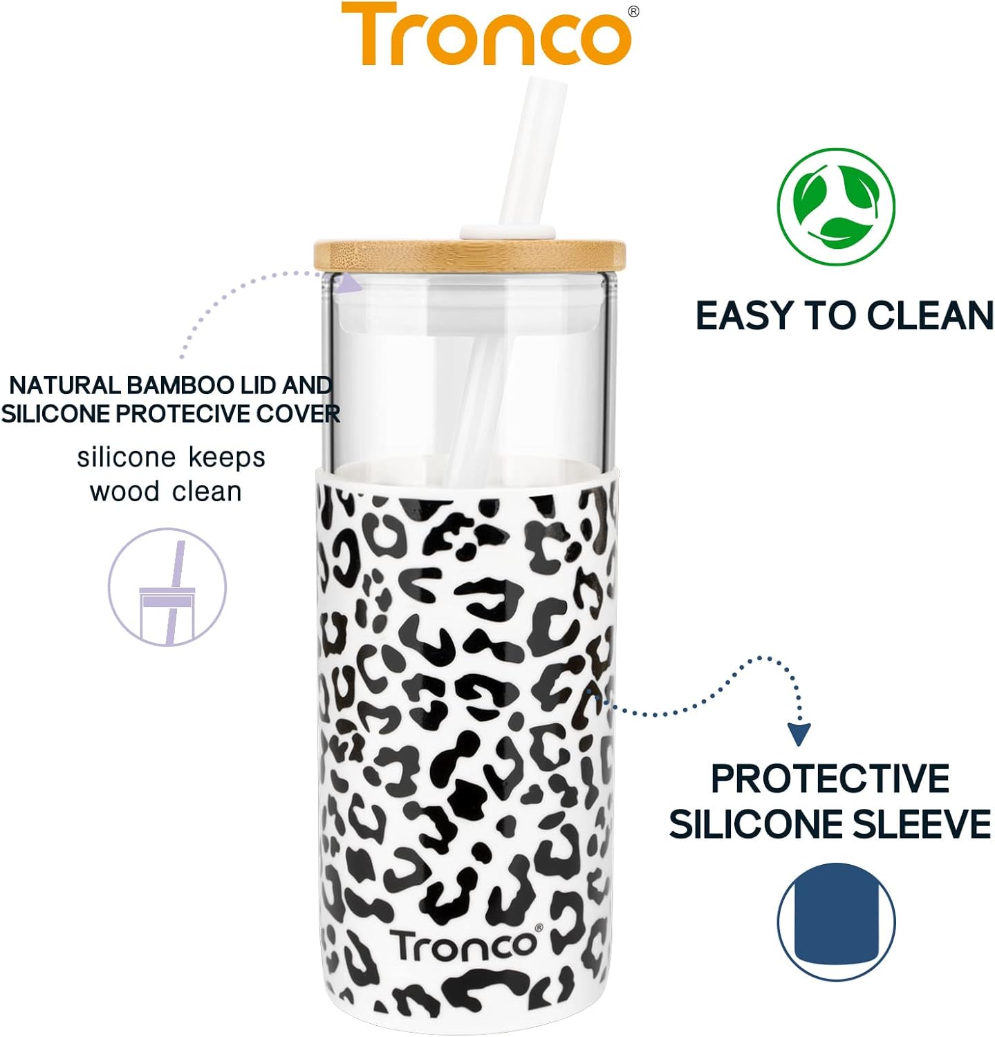 Tronco 20 oz Glass Tumbler with Lid and Straw, Iced Coffee Cup and Smoothie Cup with Bamboo Lids & Protective Silicone Sleeve, Dishwasher Safe, BPA-Free, Glass Cup 1 Pack - Colors B