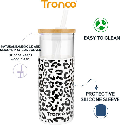 Tronco 20 oz Glass Tumbler with Lid and Straw, Iced Coffee Cup and Smoothie Cup with Bamboo Lids & Protective Silicone Sleeve, Dishwasher Safe, BPA-Free, Glass Cup 1 Pack - Colors B