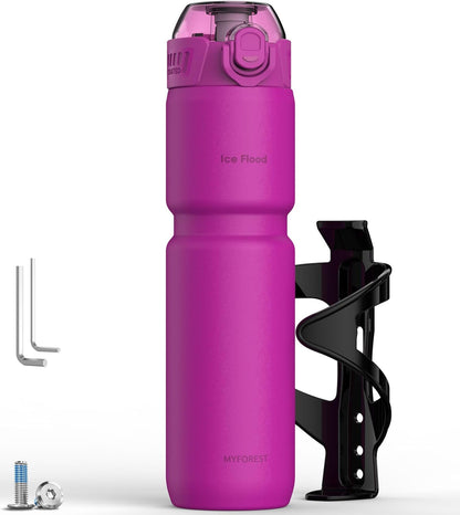 MYFOREST 24oz/700ml Insulated Bike Water Bottle, Odor-Free Surgical Steel Liner, Stronger Grip for Rough Trails, Quick-Open Chug/Straw 2-in-1, Dirt Cap (Glossy Steel)