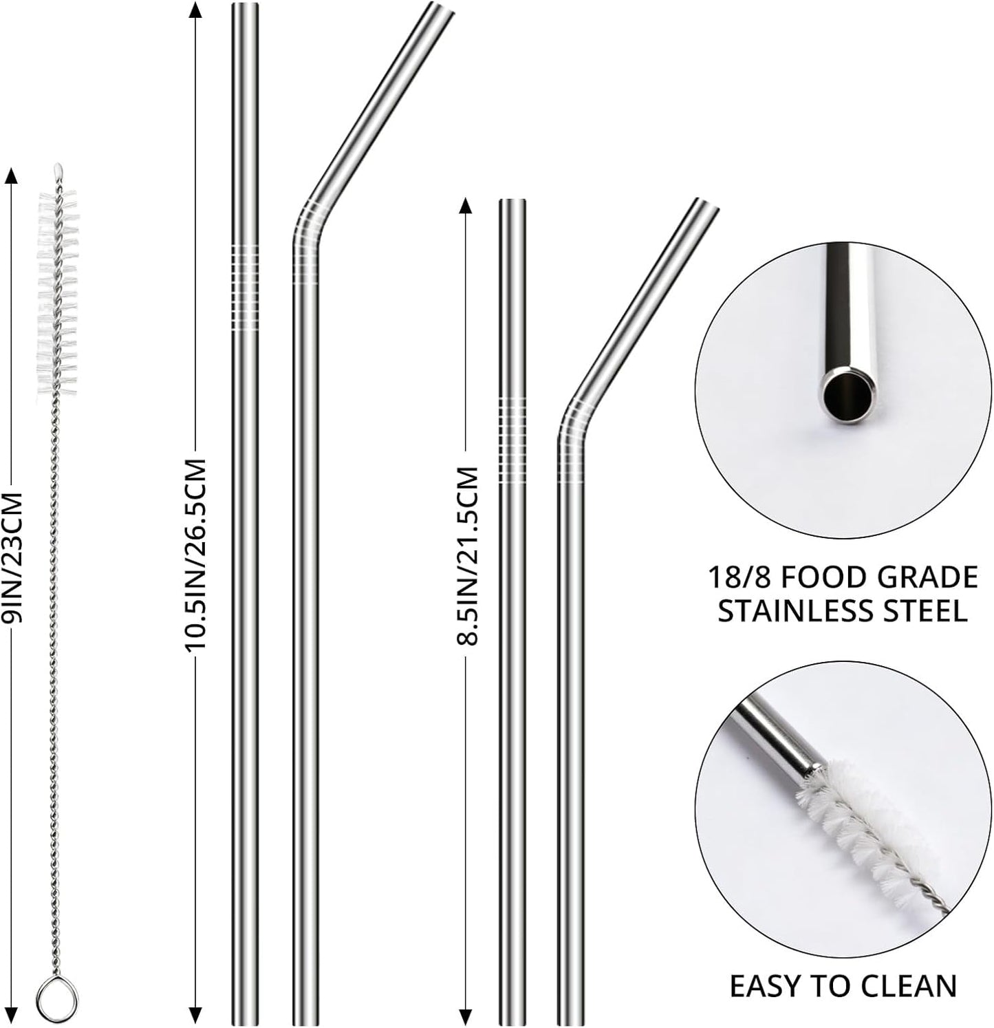 12 Pack Reusable Stainless Steel Metal Straws, 3 Straight + 3 Bent 10.5 Inch and 3 Straight + 3 Bent 8.5 Inch Metal Straws for 20 24 30 oz Tumblers Dishwasher Safe - 2 Cleaning Brushes Included