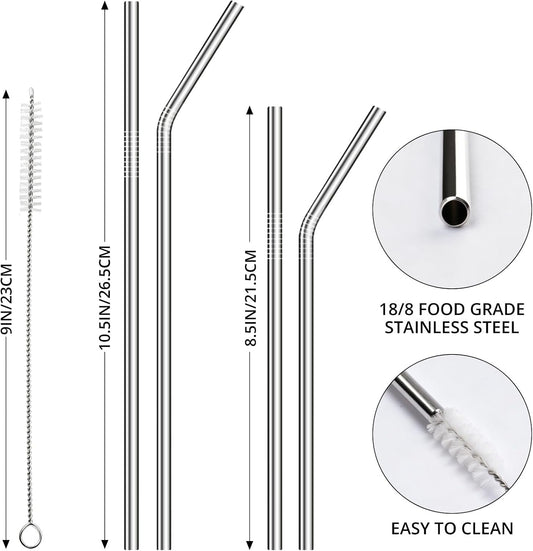 12 Pack Reusable Stainless Steel Metal Straws, 3 Straight + 3 Bent 10.5 Inch and 3 Straight + 3 Bent 8.5 Inch Metal Straws for 20 24 30 oz Tumblers Dishwasher Safe - 2 Cleaning Brushes Included