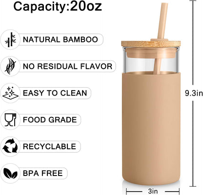 Tronco 20 oz Glass Tumbler with Lid and Straw, Iced Coffee Cup and Smoothie Cup with Bamboo Lids & Protective Silicone Sleeve, Dishwasher Safe, BPA-Free, Glass Cup 1 Pack - Colors B