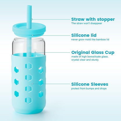 Mrsdry Glass Cups with Lids and Straws (4 Pcs), 16oz Drinking Glasses Set with Silicone Sleeves for Coffee Bar Accessories Iced Coffee Cups with Lids, Glass Tumbler Reusable for Gifts