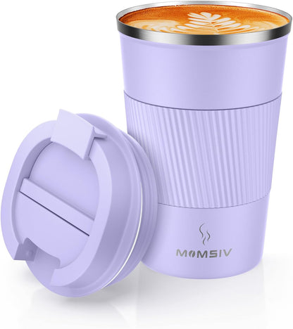 MOMSIV 12oz Travel Mug, Insulated Coffee Cup with Leakproof Lid, Travel Coffee Mug Vacuum Stainless Steel Double Walled Reusable Coffee Cup for Hot and Cold Water Coffee