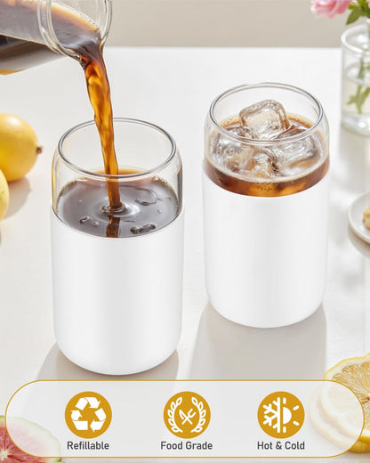 sungwoo 4PCS Glass Cups with Bamboo Lids and Straws, 16OZ Ice Coffee Cup, Drinking Cup set with Wooden Lids, Home Essential Glass Tumblers for Beer, Cocktail, Tea and Latte Clear