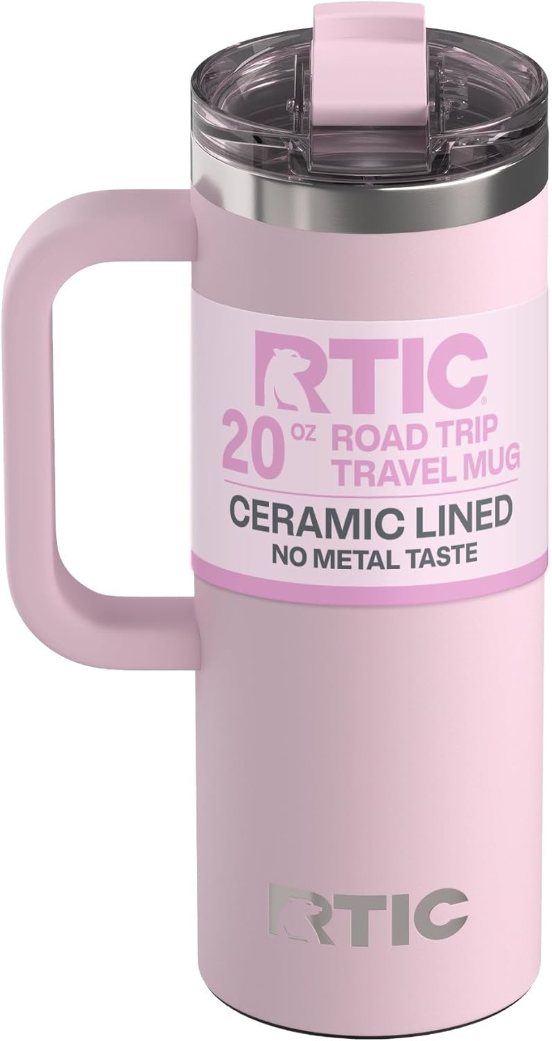 RTIC 20oz Road Trip Travel Mug with Lid and Handle, Ceramic Lined, Insulated, Stainless Steel, Metal, Double Wall Vacuum-Insulation, Portable Coffee, Tea Cup for Hot and Cold Drink, Black