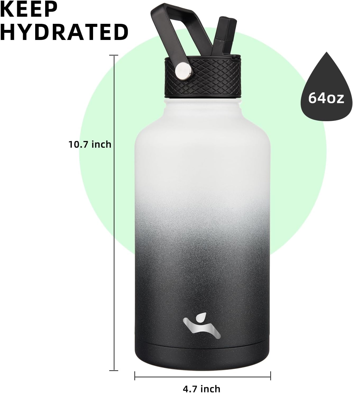 Konokyo 22oz Stainless Steel Bottles with 3 Lids Sport Insulated Water Bottle,Mint