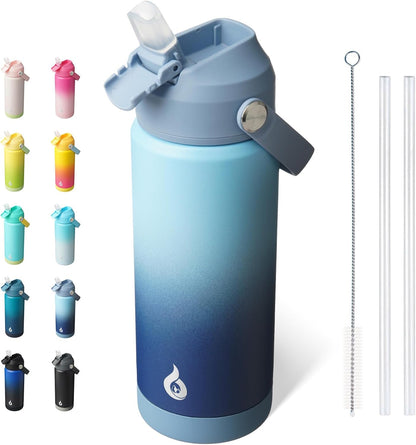 BJPKPK Insulated Water Bottle with Straw Lid, 18oz Thermo Water Bottles with Soft Nozzle, Flex Handle & Non-slip Boot, BPA Free Leak Proof Stainless Steel Metal Thermo, Tumblers, Cups,Sea Salt