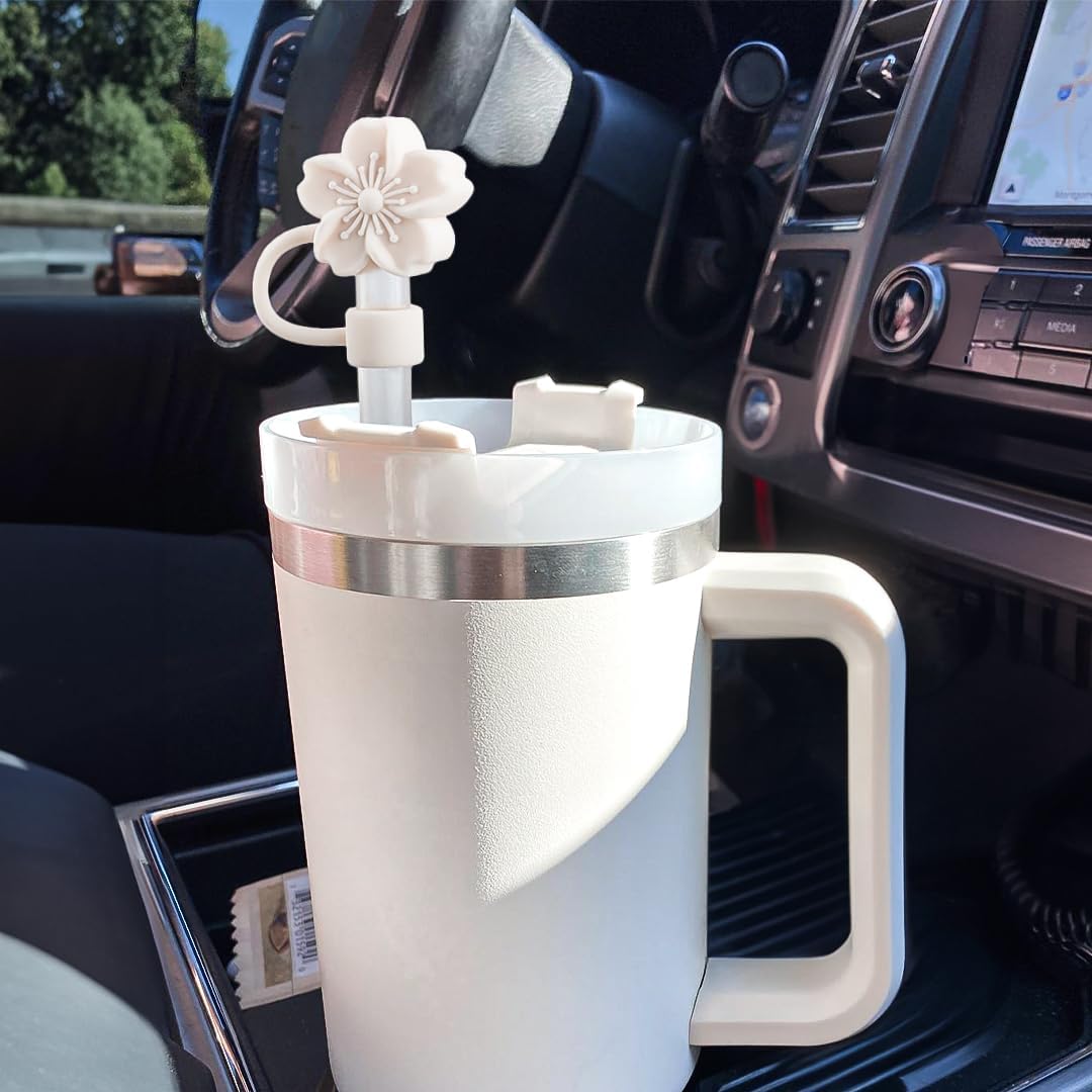 Straw Cover Cap for Stanley Cup, 3Pcs Cute Flower Straw Toppers Accessories Compatible with Stanley Cup 30&40 Oz Tumbler, Silicone Straw Tips Lids for Home and Party Decor, Beige