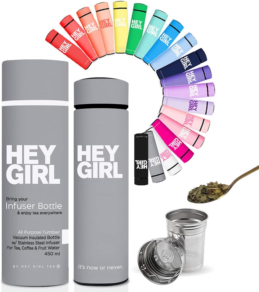 Hey Girl Tea Infuser Bottle 450ml - Insulated Stainless Steel Water Bottle - Tea Tumbler with Tea Diffuser - Portable Travel Mug for Loose Leaf Tea & Infused Water - Tea Lovers Gifts for Women (Pink)