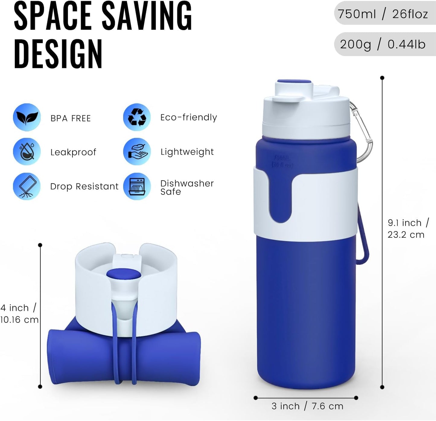 Nefeeko Collapsible Water Bottle, BPA Free 26oz Foldable Water Bottle for Travel Sports, Leak-Proof Spill-Proof Portable Water Bottles with Carabiner, Lightweight