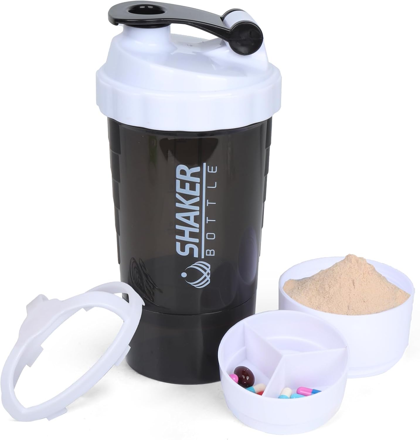 XTK Shaker Bottle 16OZ Protein Shaker Bottles with Mix Ball Sports Water Bottle Leak Proof GYM Cup for Protein Mixes with Powder Storage & Pill Organizer, Ideal for Pre Workout,BPA Free(black)