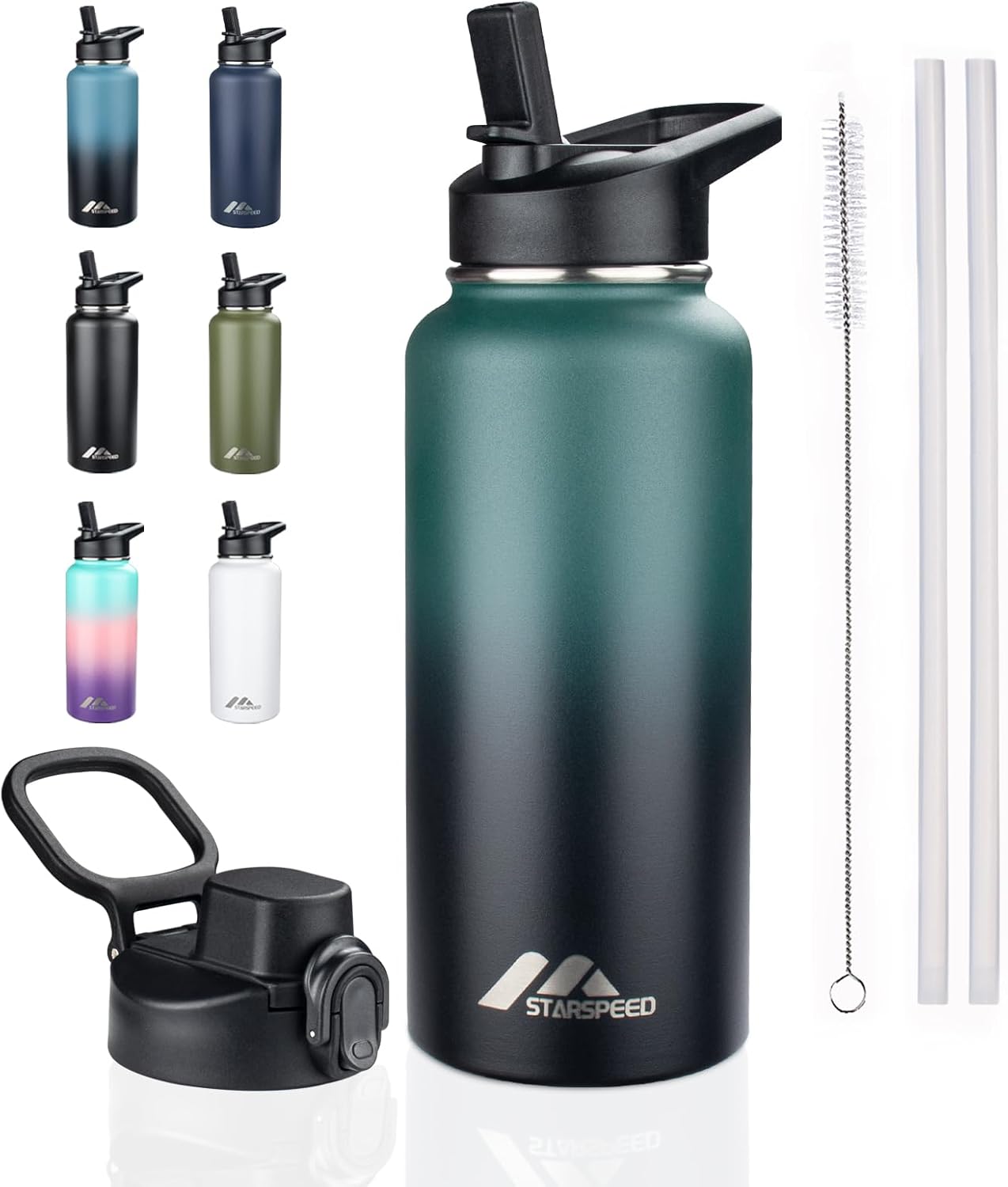 StarSpeed 32oz Insulated Water Bottle with Straw Lid, Stainless Steel Double Walled Vacuum Water Flask, Wide Mouth Sports Water Bottle for Gym Camping Hiking, Indigo Black