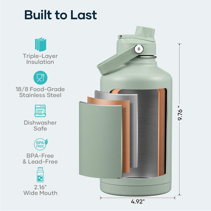 BUZIO 40oz Insulated Water Bottle, Triple Wall Vacuum Stainless Steel Water Flask with 2 lids, Lead-Free BPA-Free Straw Lid Sports Canteen Jug, Cold 48H & Hot 24H- Black - Colors A