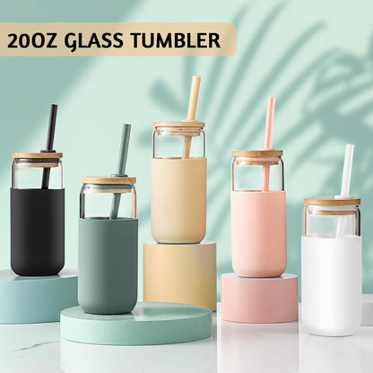 20oz Glass Water Tumbler with Silicone Protective Sleeve - Beer Shaped Glass Cups with Straw and Bamboo Lid, Iced Coffee Glasses, Cute Drinking Glasses for Water, Smoothie, Gift - Cambridge Blue