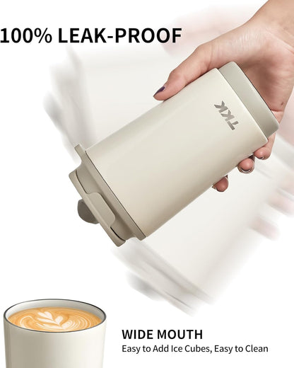 TKK Coffee Cup with Ceramic Coating - 14oz Insulated Stainless Steel Travel Mug, Leak-Proof Tumblers with Straw for Hot/Cold Beverages, Easy Wide Mouth Cleaning, White