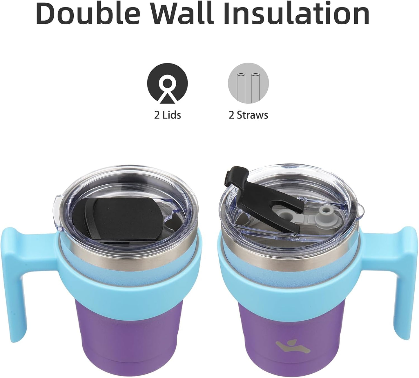 Konokyo 20 oz Tumbler with Handle and 2 Straw 2 Lid, Insulated Water Bottle Stainless Steel Vacuum Cup Reusable Travel Mug,Black
