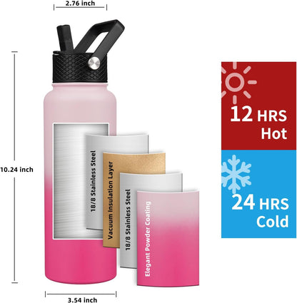 Insulated Water Bottle 40oz,Triple Wall Vacuum Stainless Steel(Dishwasher Safe),Leak Proof & Non-BPA,Flask Jug with Paracord Handle & Straw Spout Lids Sports Cherry Blossom