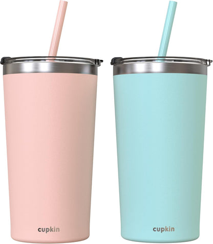 CUPKIN Stainless Steel Insulated Tumbler with Lid and Straw, 20 oz Stainless Steel Cups, Set of 2 Travel Coffee Mug for Adults, Iced Coffee Cup with Lid, Tumbler for Travel (Coral + Yellow)
